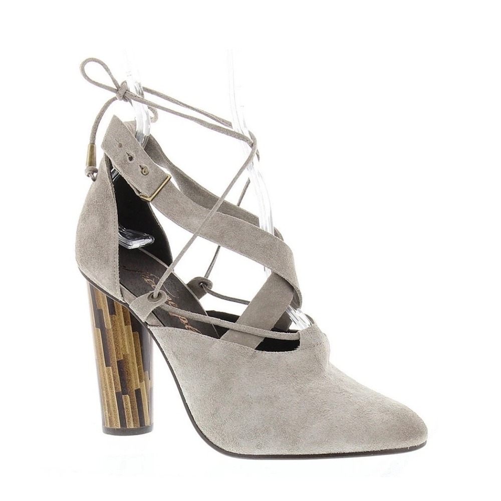 Free People Nouvella Wrap Heels Taupe Grey Suede Wood Inlay Block Heel Shoes 38